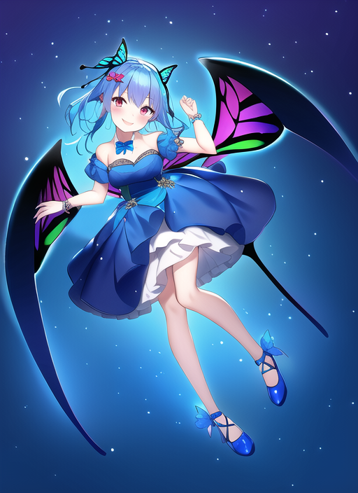 1girl, butterfly hair ornament, blue dress, blue bowtie, blue footwear, wings, b s-1379148195.png