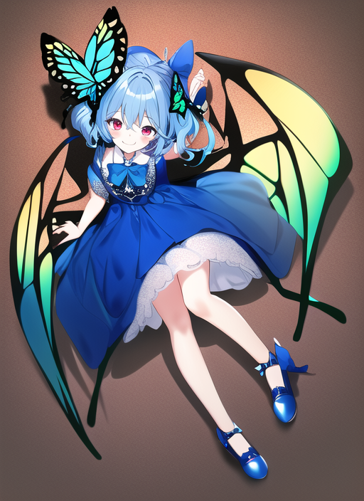 1girl, butterfly hair ornament, blue dress, blue bowtie, blue footwear, wings, b s-1384697423.png