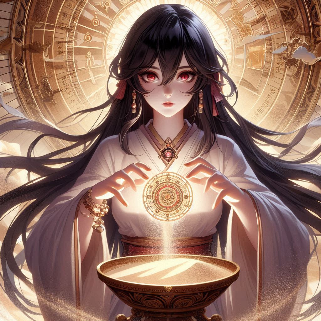 a beautiful girl with black hair and red eyes holding the energy of creation in her hands with...jpg