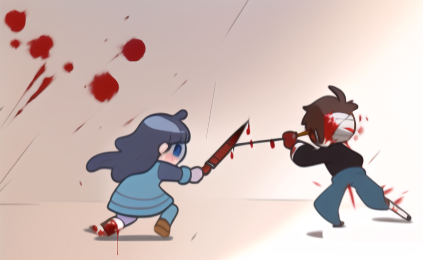 a brown haired man in a black turtleneck getting stabbed by a magical girl,{ 1gi s-3932143733.png