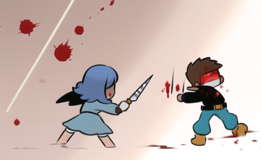 a brown haired man in a black turtleneck getting stabbed by a magical girl,{ 1gi s-520298704.png