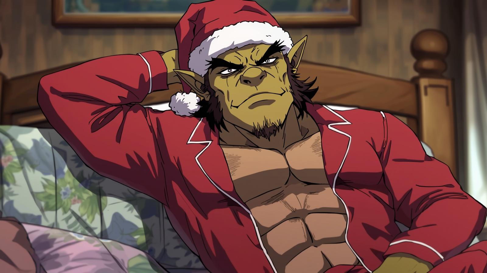 a handsome orc wearing a unbuttoned pajama and sleeping hat, with a sexy pose in the bedroom. ...jpg