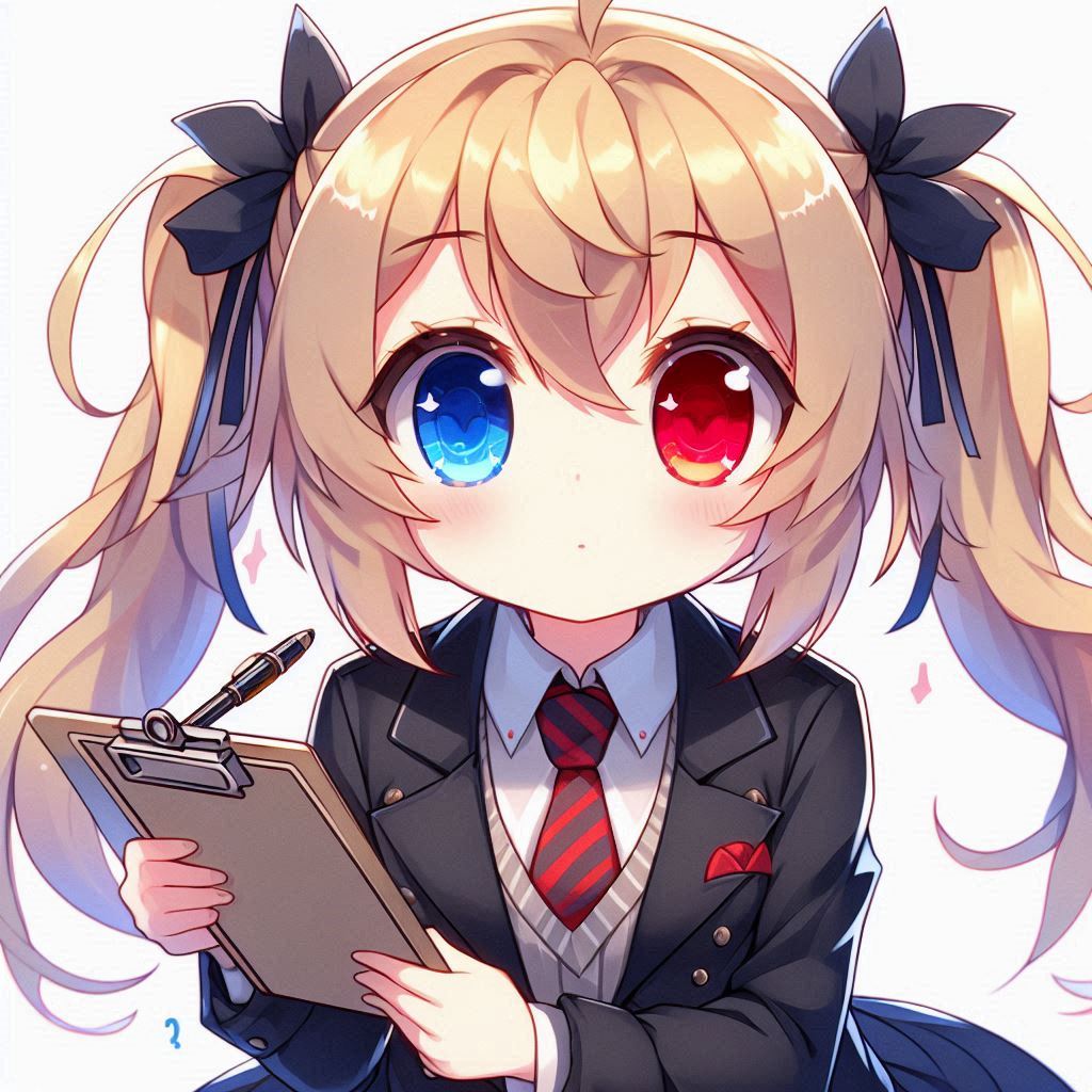 anime chibi girl with blond hair in pigtails, red left eye and blue right eye, holding a clipb...jpg