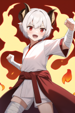 White short hair, girl, petite, goat horns, red eyes, monk. Fighting. Goat. Arm bandages. Kara...png