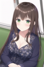 brown hair, green eyes,{navy blue floral dress,low neckline},long hair,on a trai s-975089046.png