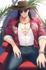 1man, [muscular male], {in the style of tite kubo},sitting on a throne, grin,{{ s-3659361381.png