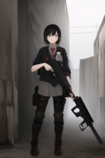 A post-apocalyptic girl in school uniform with an assault rifle. s-1574474926.png