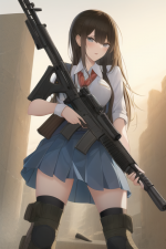 A post-apocalyptic girl in school uniform with an assault rifle. s-3235225182.png