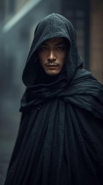 A handsome man with a strong jawline, wearing a flowing dark cape with a hooded cover draped o...jpg